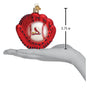 Glass ornament shaped like a baseball glove with a ball inside, featuring the Cardinals logo, held in a hand for scale.