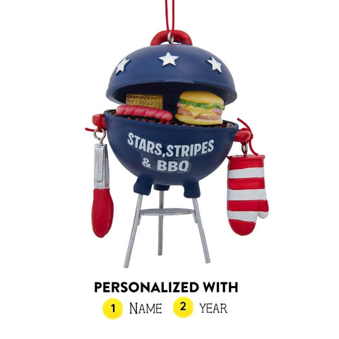 Personalized patriotic grill ornament with burger, hot dog, corn, grilling tool, striped oven mitt, and “Stars, Stripes & BBQ” on the front.