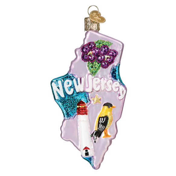Glass ornament shaped like the state of New Jersey with floral and bird designs on a white background.