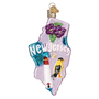 Glass ornament shaped like the state of New Jersey with floral and bird designs on a white background.