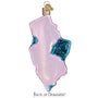 Decorative ornament shaped like a New Jersey with pink and blue glittery design on a white background back of ornament