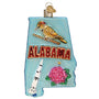Decorative ornament shaped like the state of Alabama with a woodpecker, rocket, and rose.