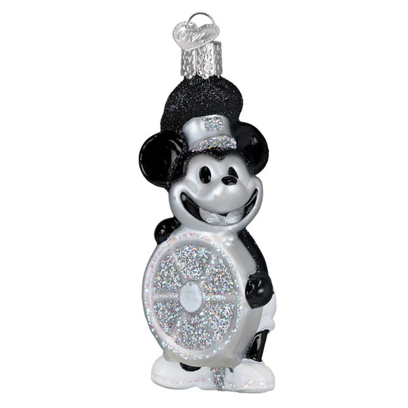 Decorative ornament shaped like Steamboat Willie Skipper with a top hat on a white background