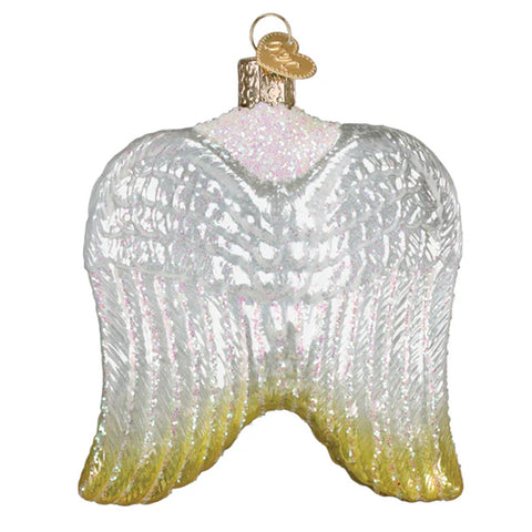 Glass ornament shaped like angel wings with a gradient color pattern on a white background
