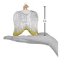 Glass angel wing ornament with measurement on a white background