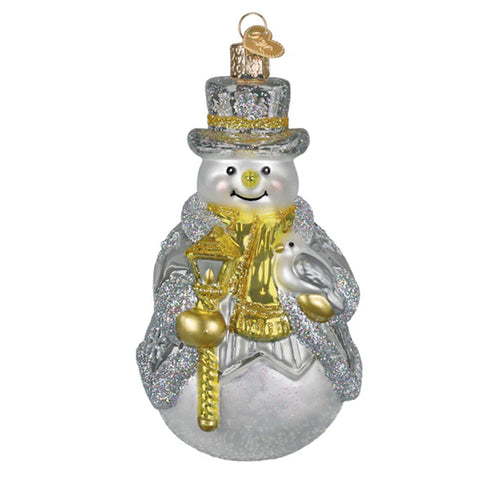 Decorative snowman ornament with a gold lantern on a white background