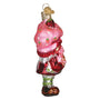 Decorative glass ornament shaped like a person wearing a pink dress with strawberry details on a white background.
