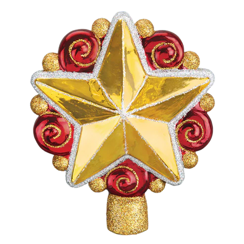 Gold star tree topper with red swirled accents, glitter trim, and a gold base, shown from the front and back.
