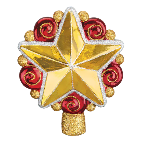 Gold star tree topper with red swirled accents, glitter trim, and a gold base, shown from the front and back.