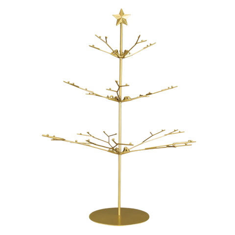 Gold-tone tabletop metal tree with tiered ornament display branches, a star topper, and round base on a transparent background.