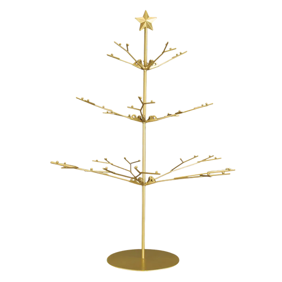 Gold-tone tabletop metal tree with tiered ornament display branches, a star topper, and round base on a transparent background.