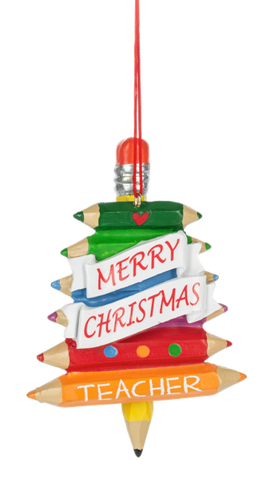 Teacher Pencil Stack Ornament with colorful stacked pencils shaped like a Christmas tree and white banners reading Merry Christmas above an orange pencil labeled Teacher.