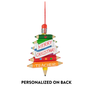 A Christmas ornament shaped like a stack of colored pencils, with a red hanging string and the words 'MERRY CHRISTMAS' and 'TEACHER' on the front. Black text below reads 'PERSONALIZED ON BACK' on a plain white background.