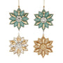 Two teal and gold jeweled flower ornaments with glittered teal top flowers, faceted drop flowers, gold accents, and reflective round centers.