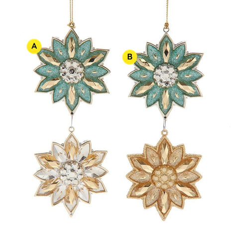 Two teal and gold jeweled flower ornaments with glittered teal top flowers, faceted drop flowers, gold accents, and reflective round centers.
