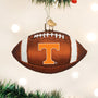 Glass football ornament with Tennessee logo on a Christmas tree.