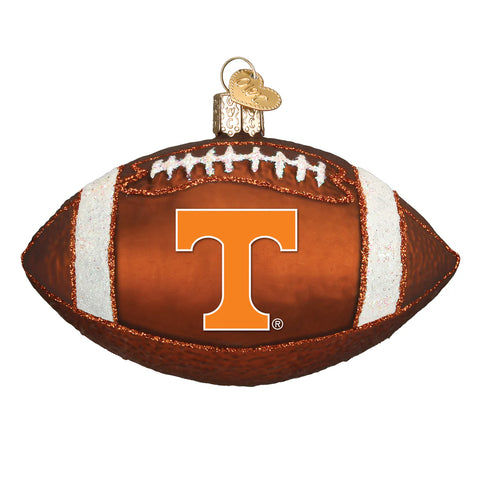 Decorative football ornament with a large 'T' logo on a white background