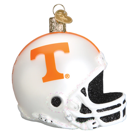 Decorative football helmet ornament with 'T' logo on a white background