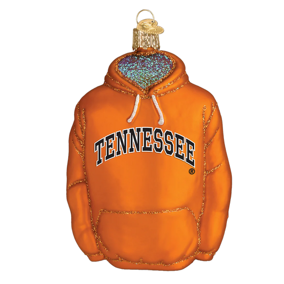 Glass ornament shaped like an orange hoodie with 'TENNESSEE' text on a white background