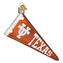 Glass ornament shaped like a Texas Pennant with 'Texas' text on a white background