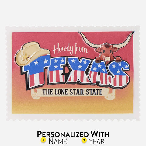 Personalized Texas-themed ornament with a cow, cowboy hat, and American flag design on a pink and orange gradient background.