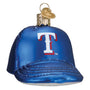 Blue baseball cap ornament with Texas Rangers logo on a white background