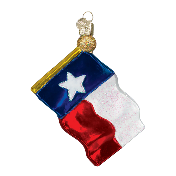 Glass ornament shaped like a Texas flag on a white background
