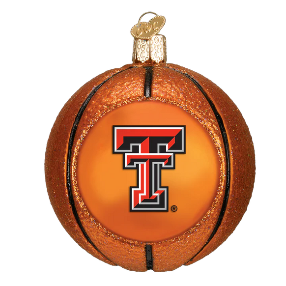 Basketball-shaped ornament with Texas Tech logo on a white background
