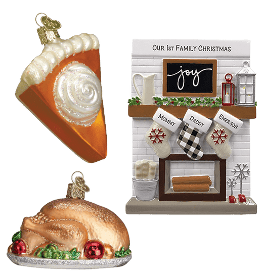 Personalized Fireplace Mantel Family Ornament, Glass Pumpkin Pie Ornament and Glass Turkey Platter Ornament 