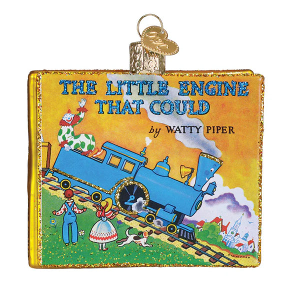 Glass Ornament Book titled 'The Little Engine That Could' by Watty Piper with colorful illustration on cover