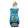 The Little Engine that Could Blue train ornament with gold accents and face on a white background 