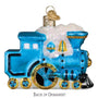 The Little Engine that Could Blue train ornament with gold accents on a white background