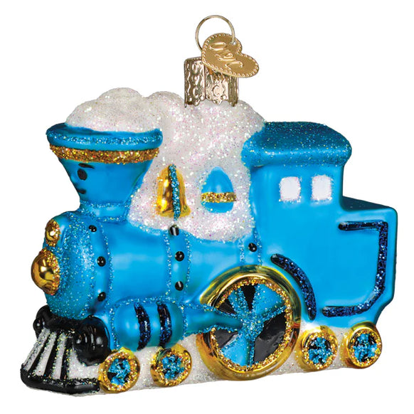 The Little Engine that Could Blue train ornament with gold accents on a white background