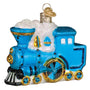 The Little Engine that Could Blue train ornament with gold accents on a white background