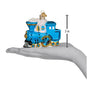 The Little Engine that Could Blue train ornament with gold accents on a white background