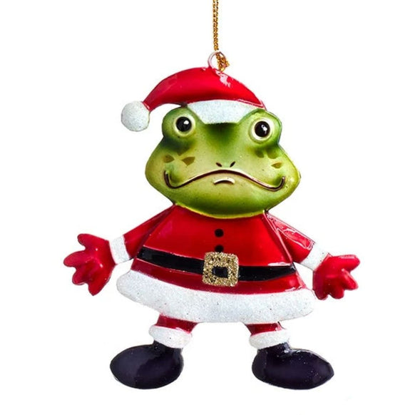 Tin frog ornament dressed as Santa with red suit, Santa hat, white trim, black belt, red mittens, and black boots.