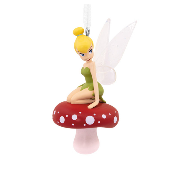 Tinkerbell Christmas Ornament fairy character from Peter Pan sitting on mushroom