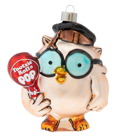 Glass Tootsie Pop Mr. Owl ornament featuring the classic owl character holding a red Tootsie Pop with blue glasses and a black cap.