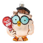Glass Tootsie Pop Mr. Owl ornament featuring the classic owl character holding a red Tootsie Pop with blue glasses and a black cap.