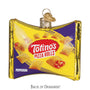 Decorative ornament shaped like a package of Totino's Pizza Rolls on a white background