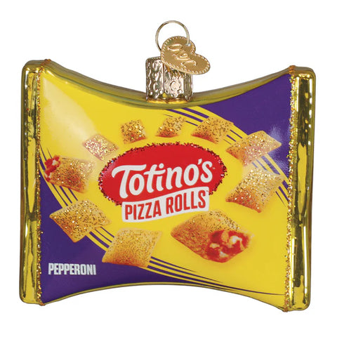 Decorative ornament shaped like a Totino's Pizza Rolls package with pepperoni flavor text.