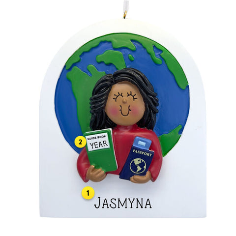 World Traveler Christmas Ornament Personalized and Dated Brown Skintone Female