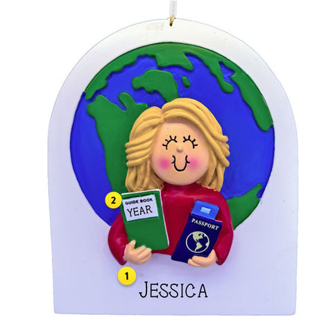 World Traveler Christmas Ornament Personalized and Dated Blonde Woman
