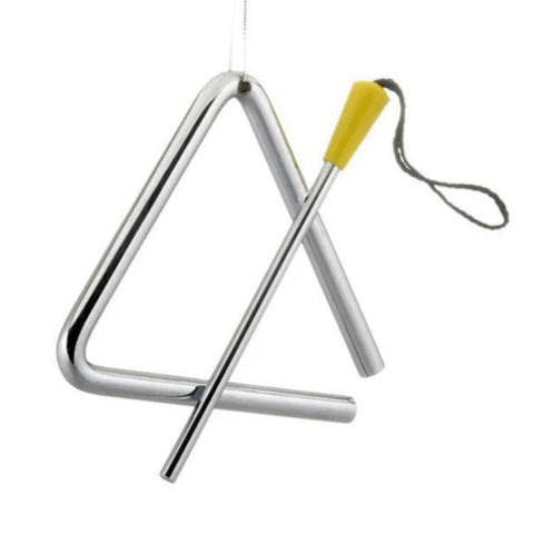 Silver triangle instrument ornament with striker and yellow handle
Percussion triangle Christmas ornament with silver finish and hanging string