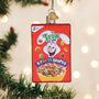 Trix cereal box ornament hanging on a Christmas tree with lights in the background