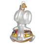 Glass ornament of a Trix rabbit on a box of Trix cereal with a white background back view