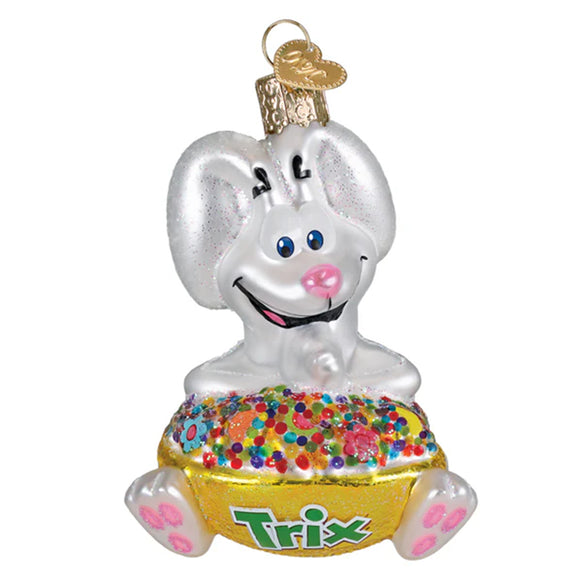 Glass ornament of a Trix rabbit on a box of Trix cereal with a white background
