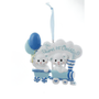 Decorative ornament with two baby bears in a train, a balloon, and a cloud with 'The Twins' 1st Christmas' text on a white background.
