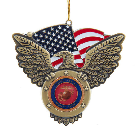 U.S. Marine Corps Eagle With Seal ornament featuring a gold eagle with outstretched wings, American flag, and Marine Corps emblem.