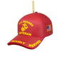 Red U.S. Marine Corps Veterans Cap ornament with yellow lettering, Marine Corps emblem, American flag, and gold hanging string.